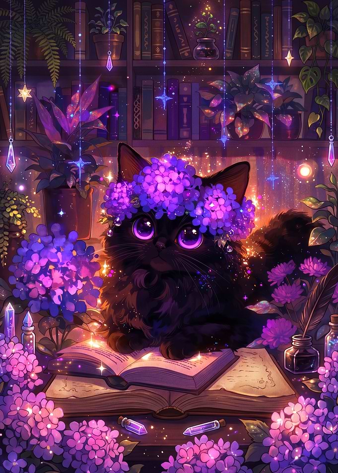 Magical Black Cat with Purple Flowers