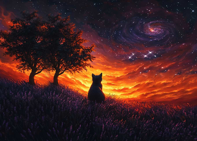 Cat Watching a Cosmic Sunset
