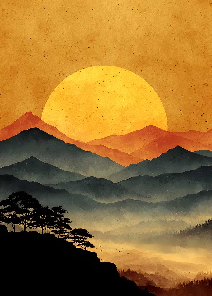 Golden Sunset Over Misty Mountains