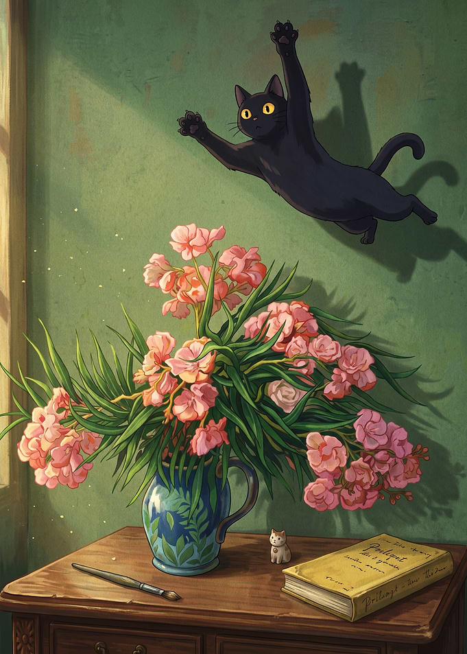 Playful Black Cat Jumping Near Flowers