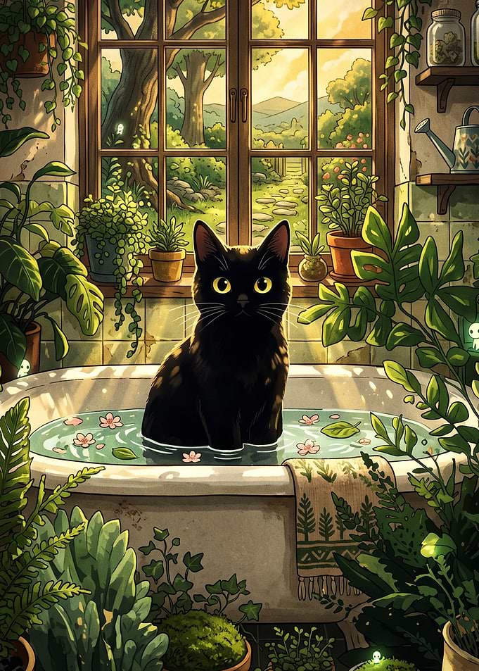 Black Cat Relaxing in Floral Bath