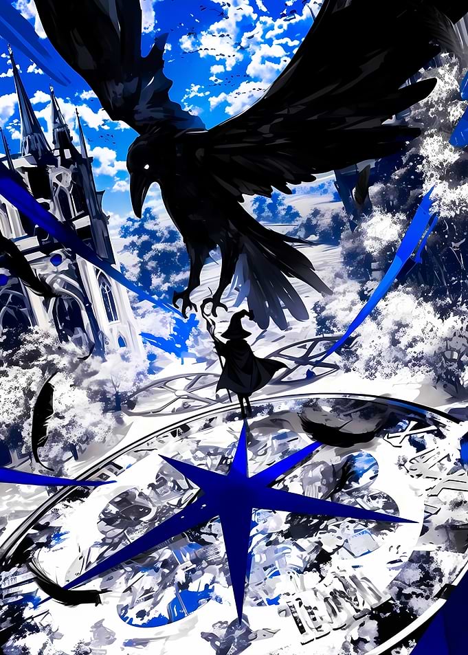 Witch and Giant Raven Fantasy Art