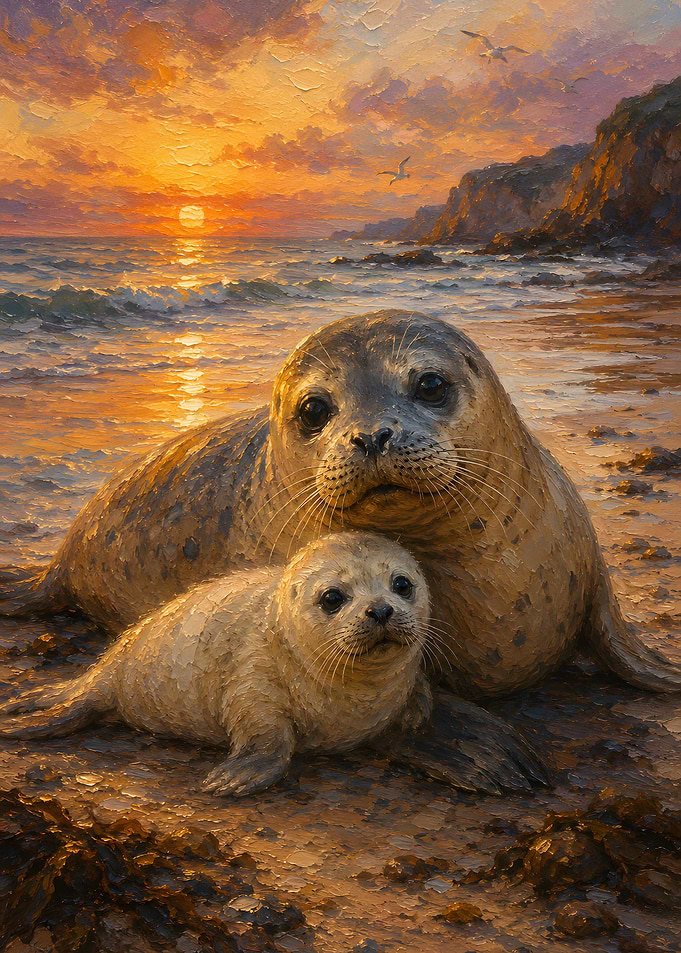 Mother Seal and Pup at Sunset