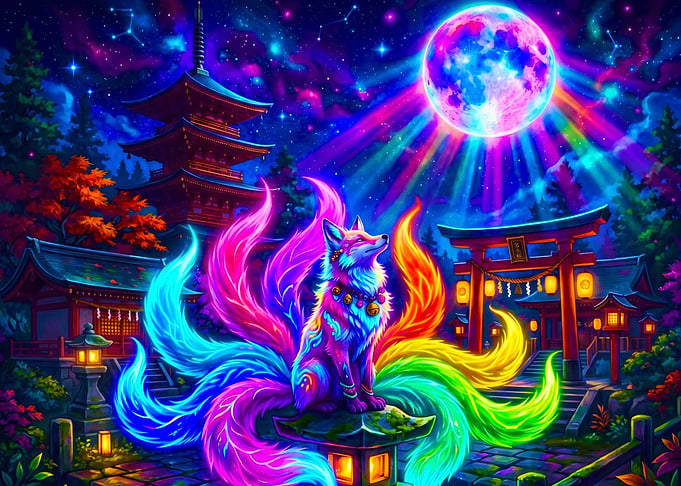 Neon Nine-Tailed Fox at Shrine