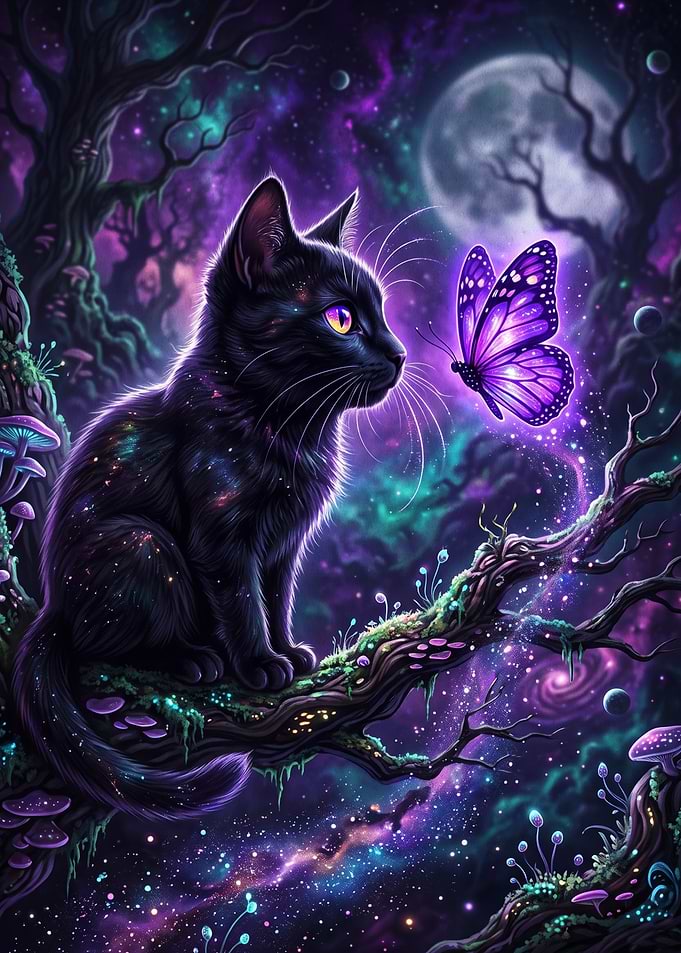 Cosmic Black Cat and Purple Butterfly