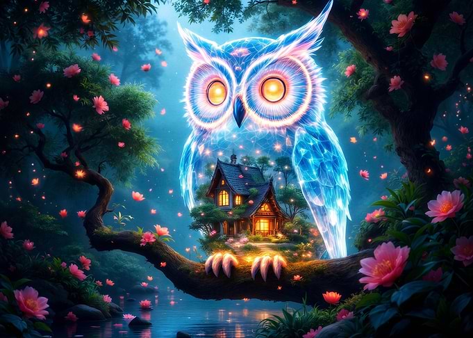Glowing Fantasy Owl and Enchanted Cottage