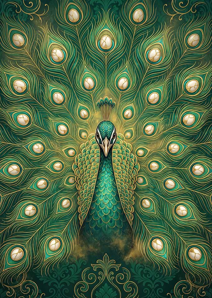 Elegant Peacock with Golden Ornate Feathers