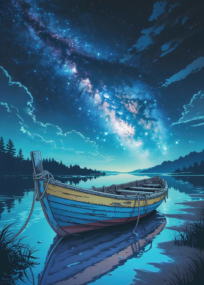 Boat Under a Starry Night Sky