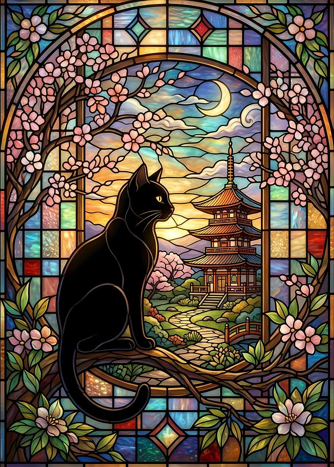 Stained Glass Black Cat and Pagoda