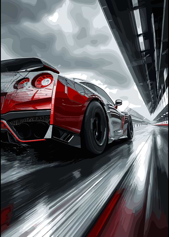 Red Nissan GT-R Racing on Track