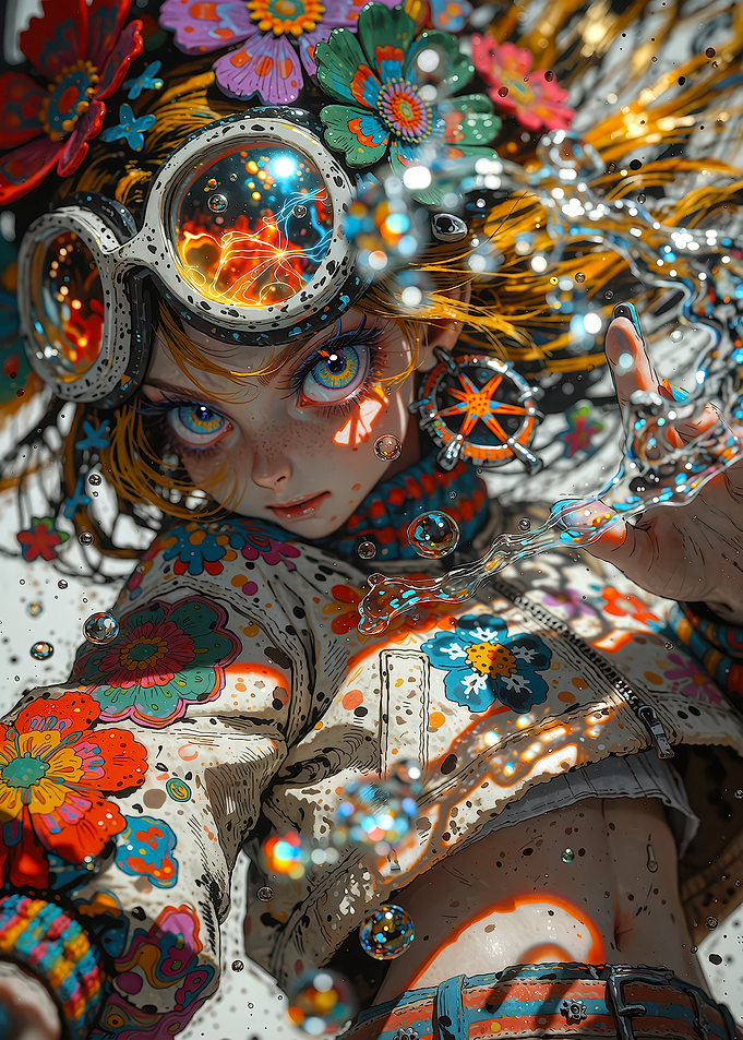 Psychedelic Floral Anime Girl with Goggles