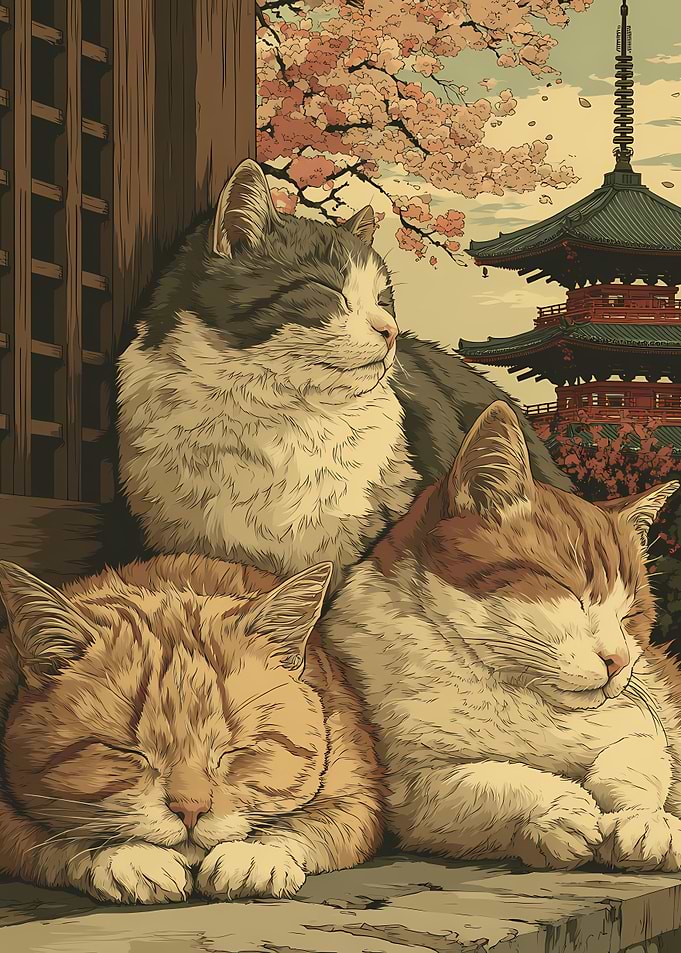 Three Sleeping Cats in Japan