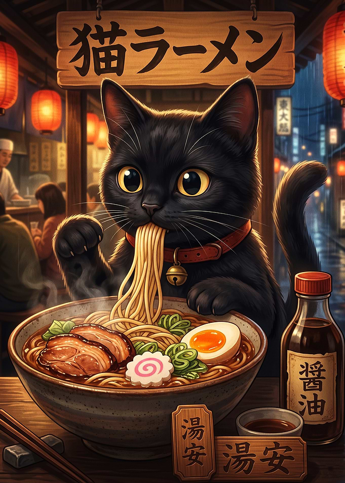 Cute Black Cat Eating Ramen
