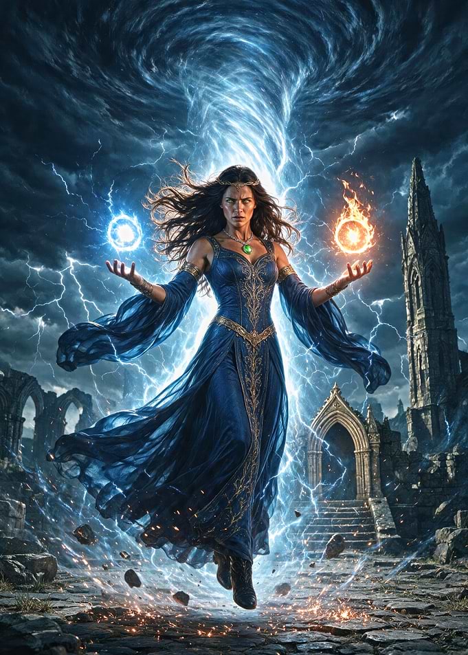Powerful Sorceress Conjures Elemental Storm