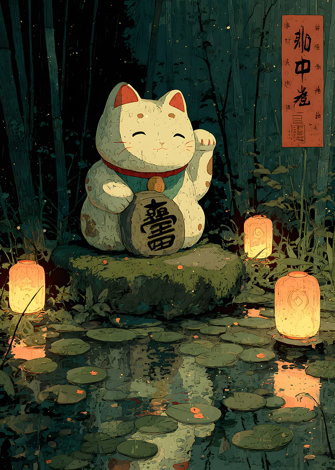 Maneki-neko Lucky Cat in Bamboo Forest
