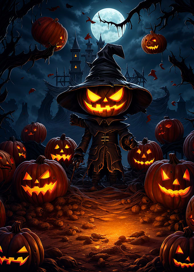 Spooky Pumpkin Scarecrow Halloween Scene