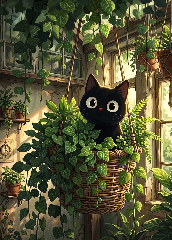 Cute Black Cat in Hanging Basket
