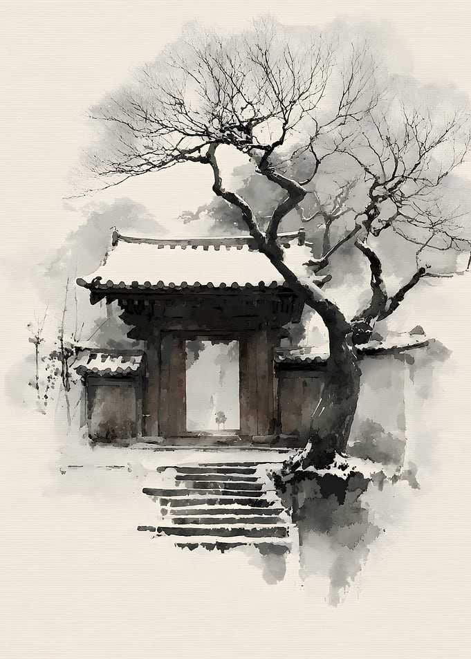 Traditional Japanese Gate in Winter