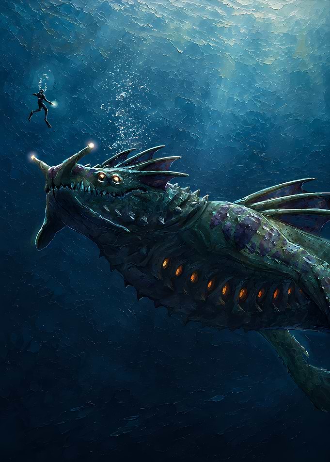 Diver Encountering Bioluminescent Sea Monster