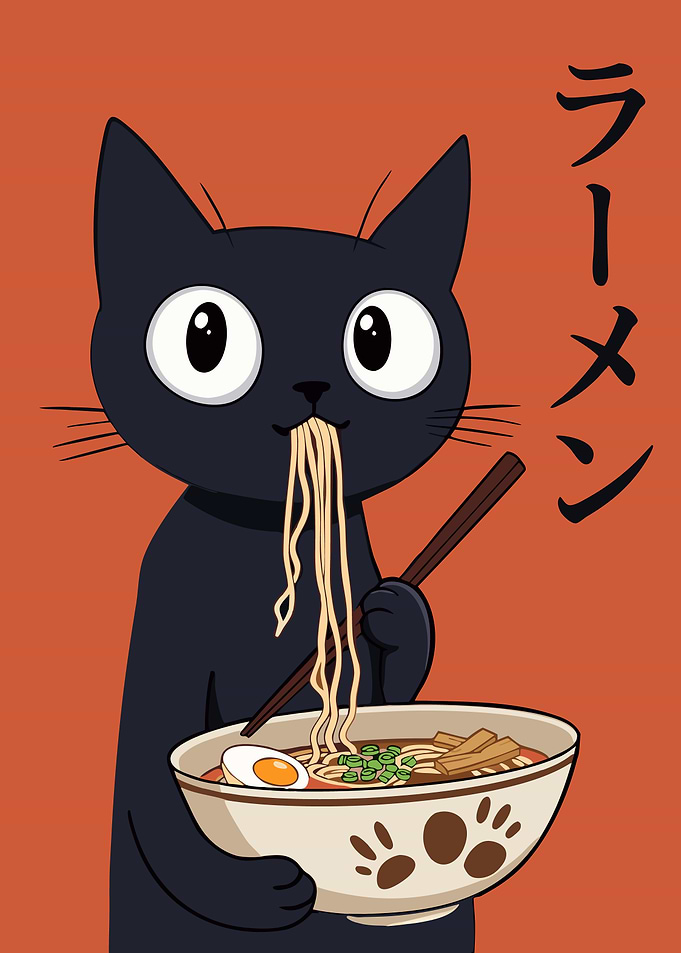 Cute Black Cat Eating Ramen
