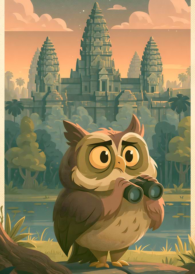 Cute Owl Exploring Ancient Temple