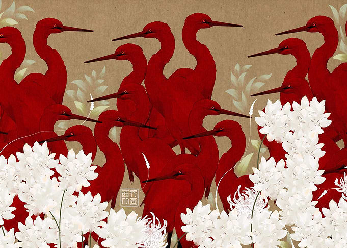 Red Herons and White Flowers