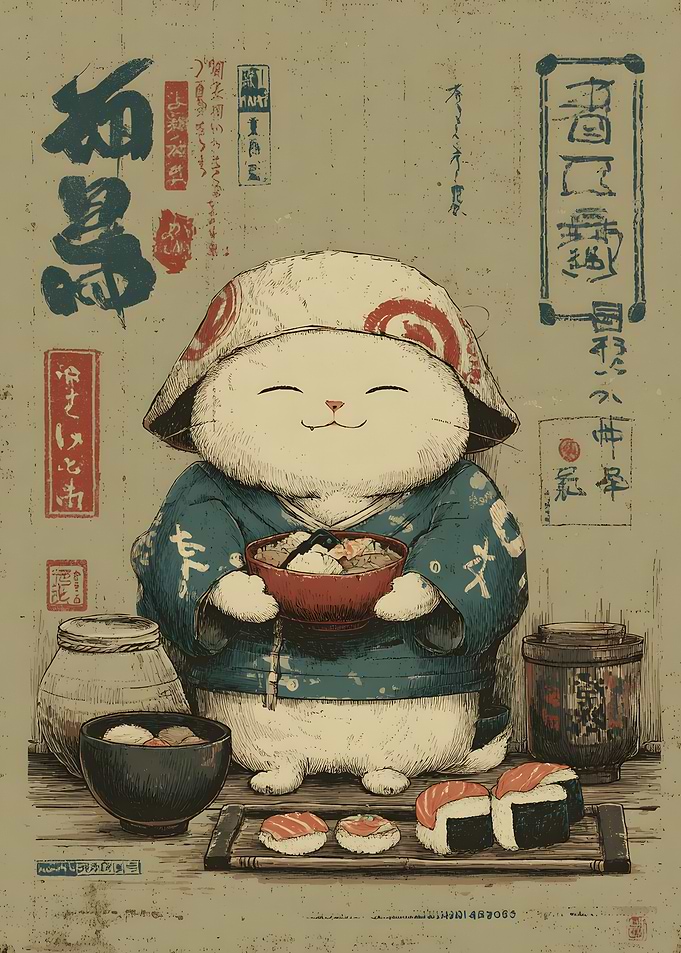 Cute Cat Chef Serving Sushi