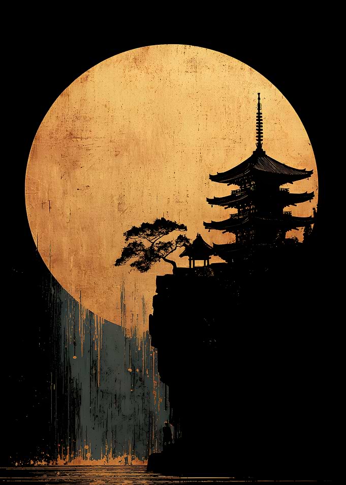Japanese Pagoda Under Golden Moon