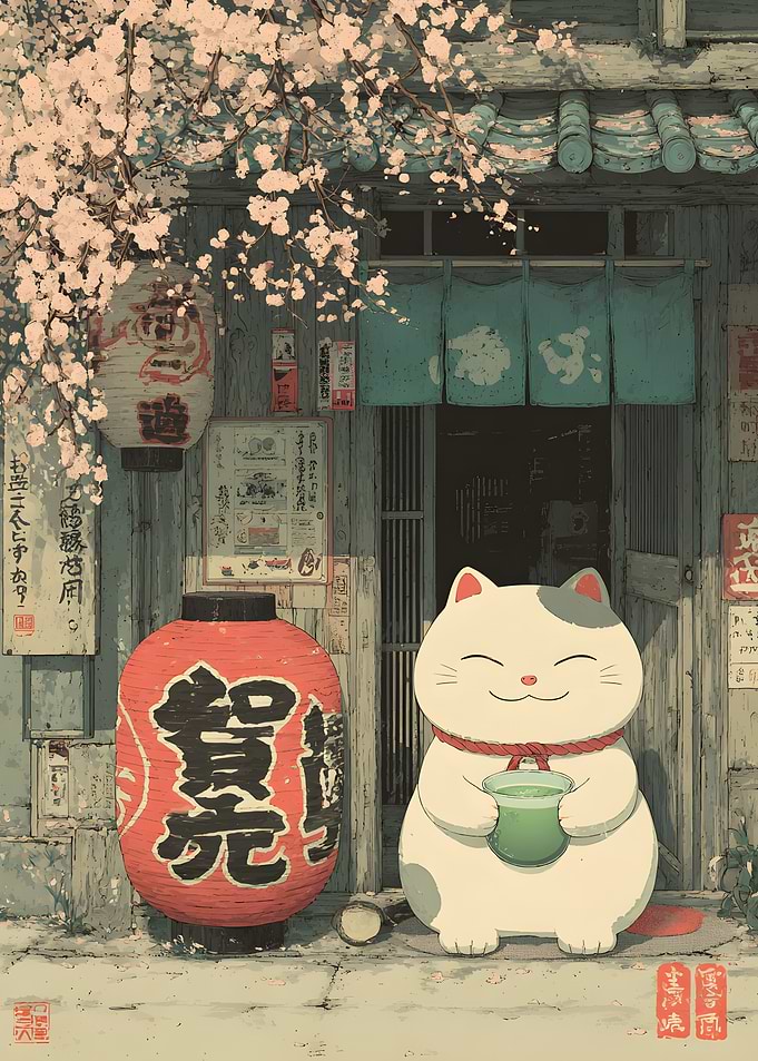 Cute Cat Drinking Tea in Japan