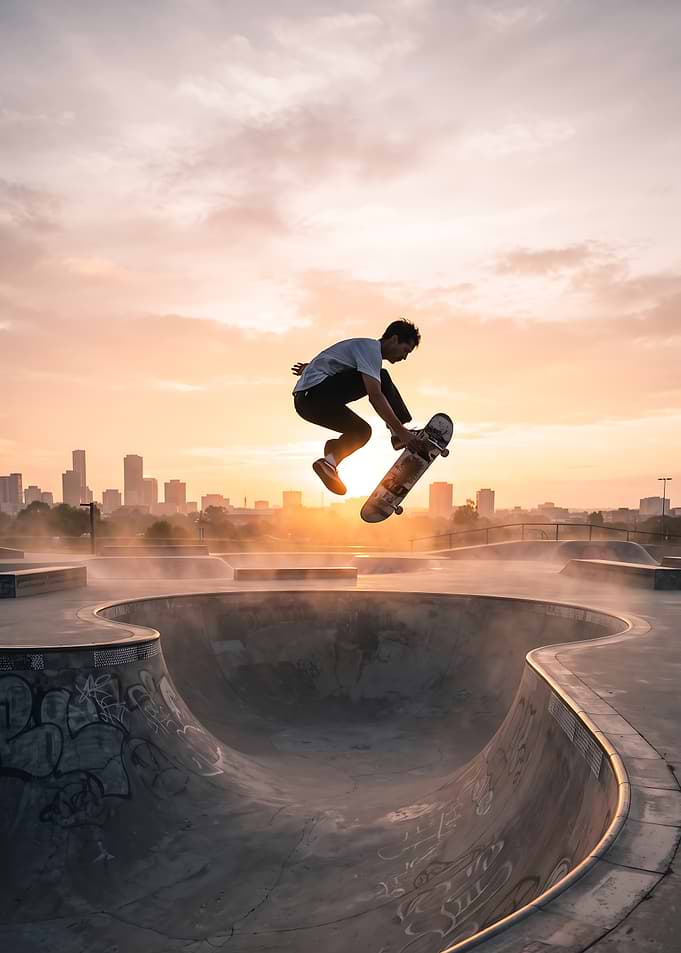 Skateboarder Performing Trick at Sunset