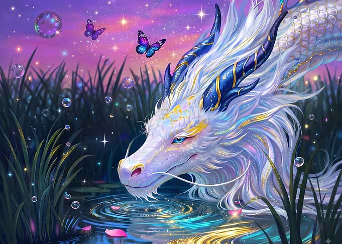 Ethereal White Dragon at Twilight Pond