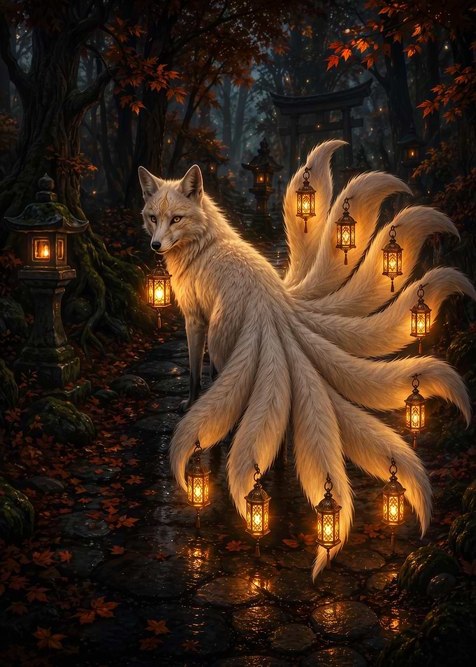 Nine-Tailed Fox in Enchanted Forest