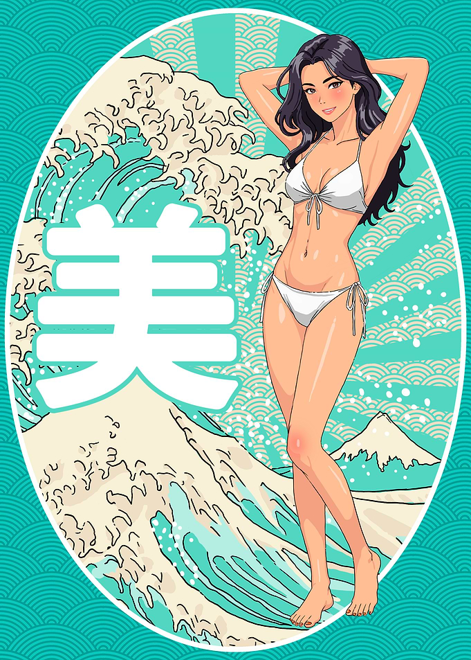 Anime Waifu with Great Wave Art