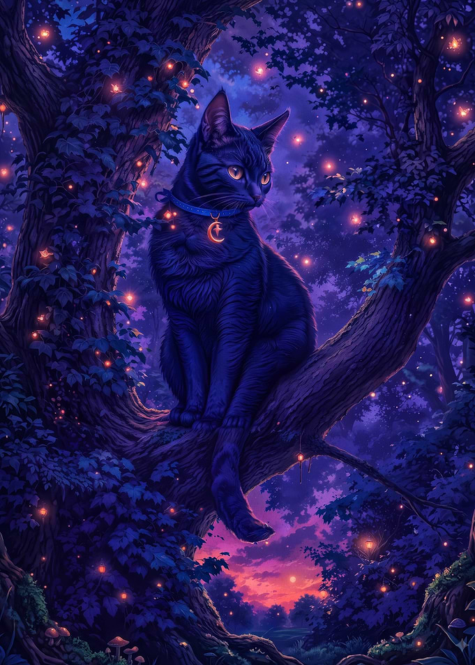 Mystical Black Cat in Enchanted Forest