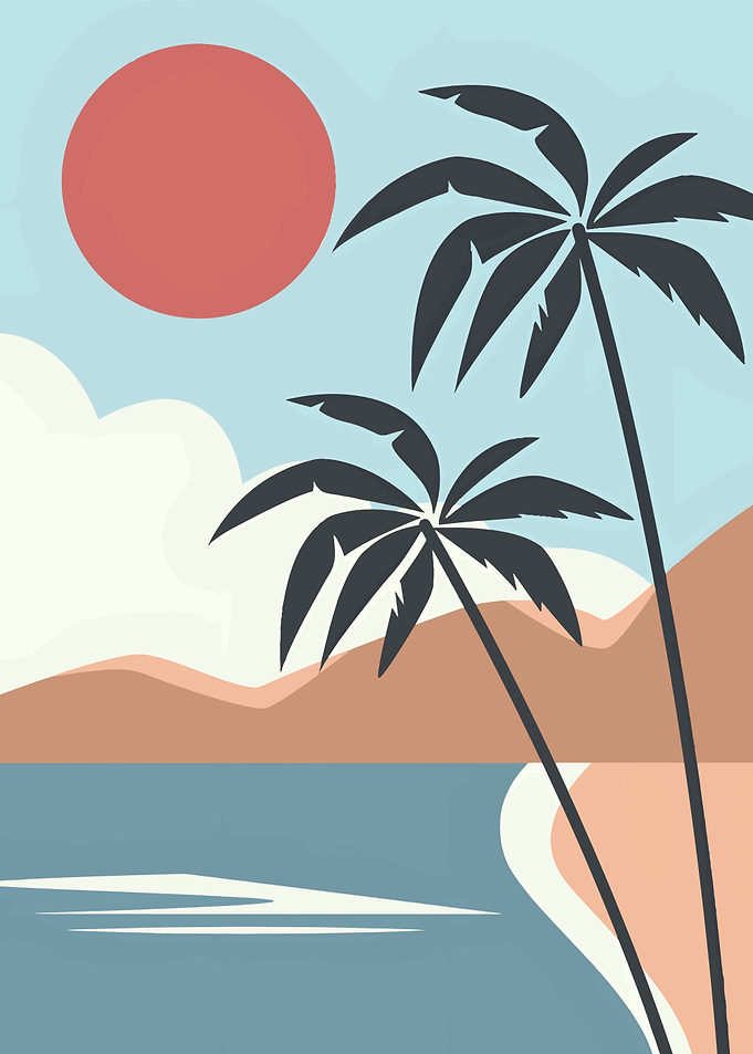 Minimalist Tropical Beach Sunset Illustration