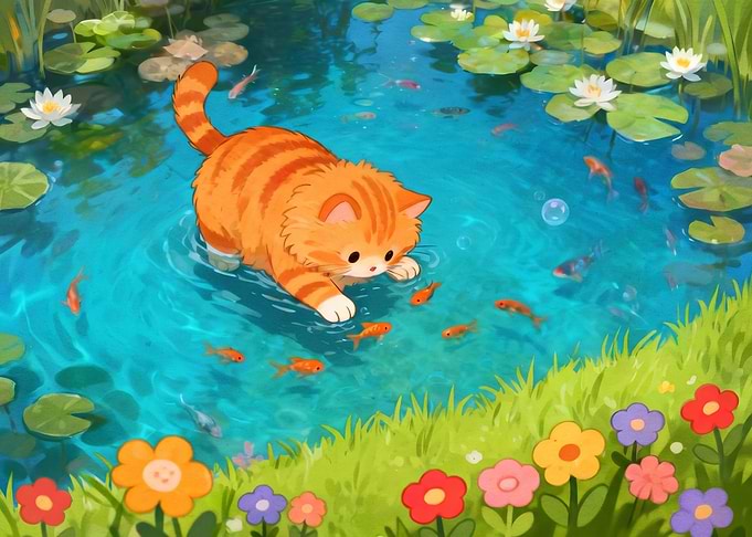 Cute Orange Tabby Cat in Pond