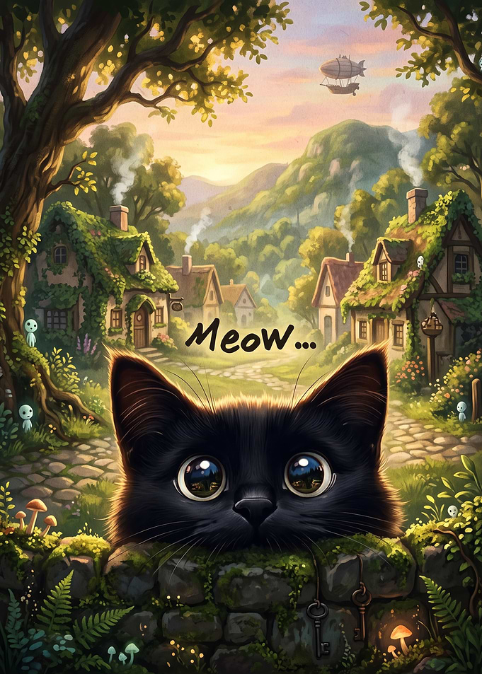 Cute Black Cat in Fantasy Village
