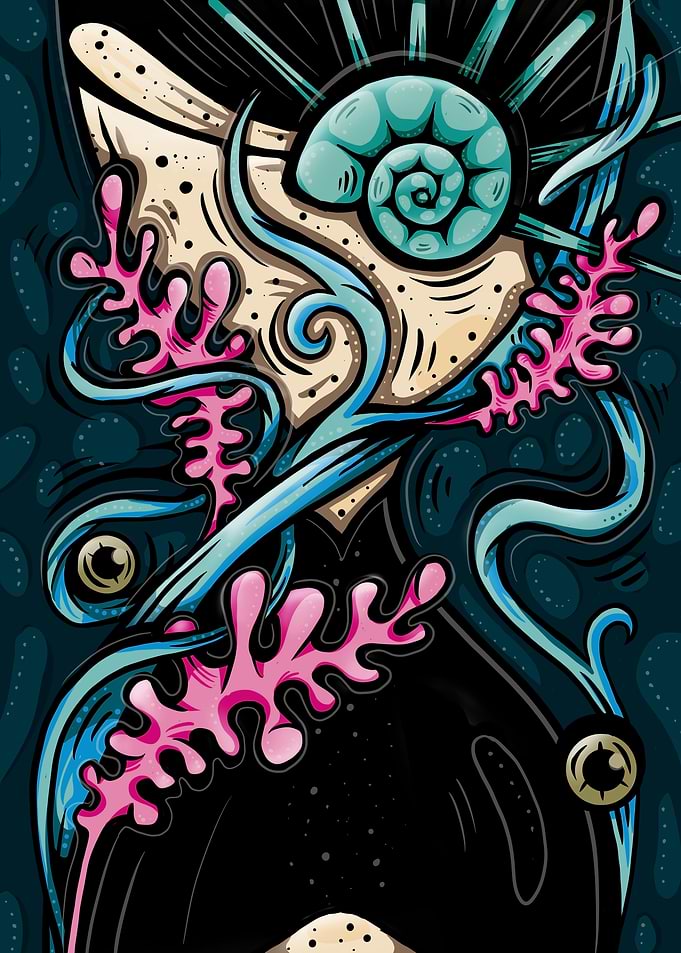 Surreal Underwater Seashell and Coral Illustration
