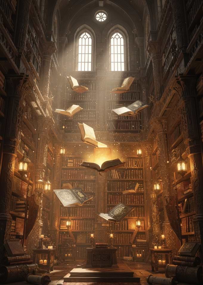 Magical Floating Books in Ancient Library