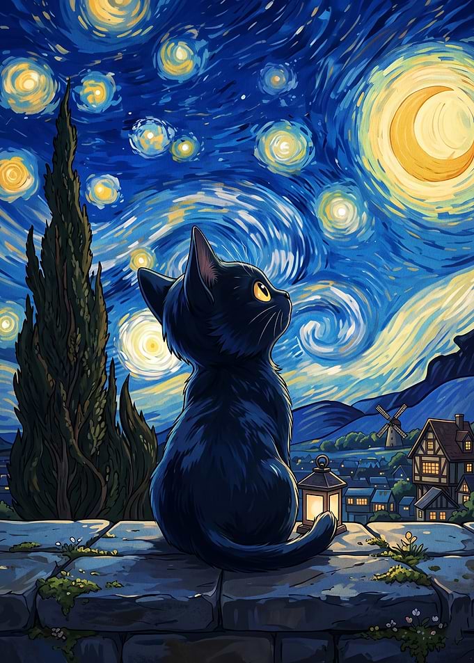 Black Cat Under Starry Night Sky