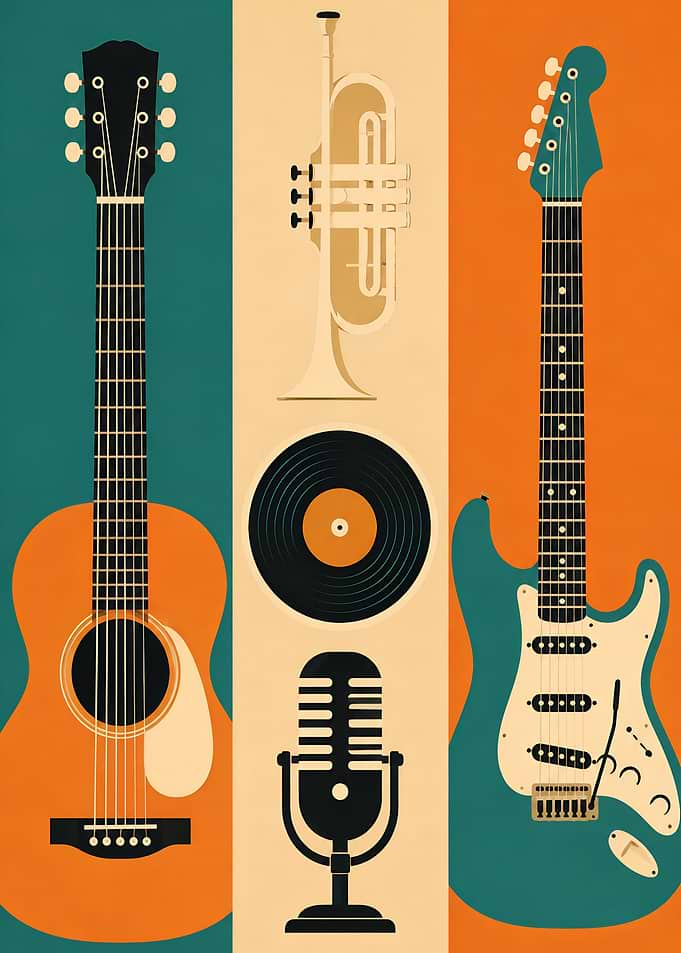 Vintage Musical Instruments and Vinyl Poster