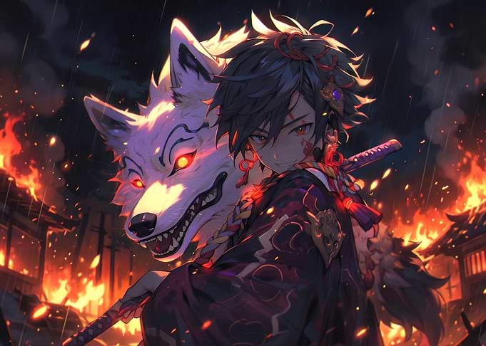 Anime Boy with Spirit Wolf