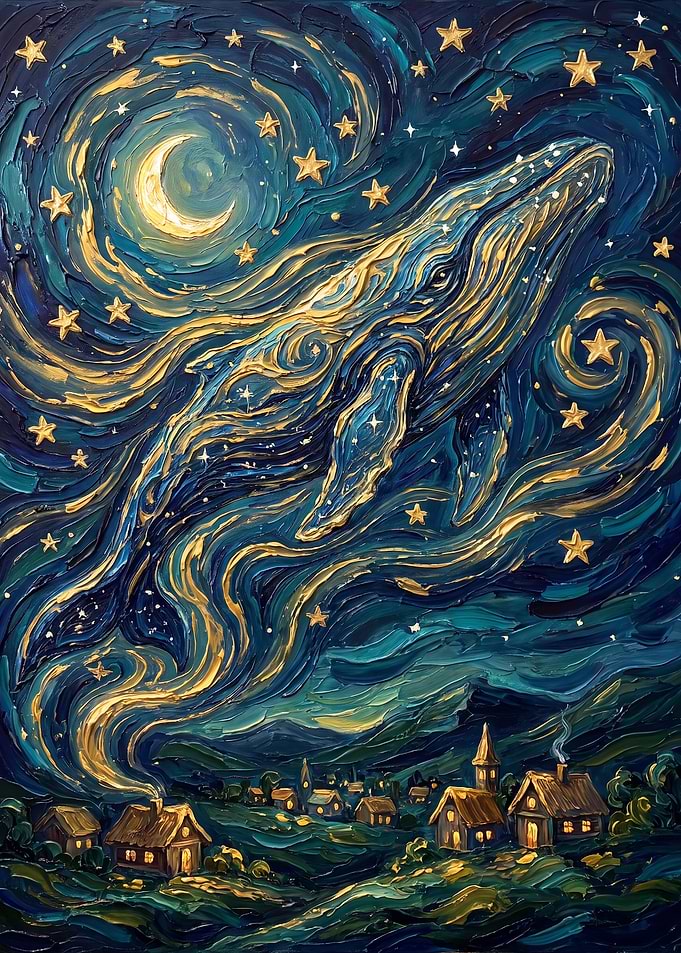 Whale Swimming Through Starry Night Sky
