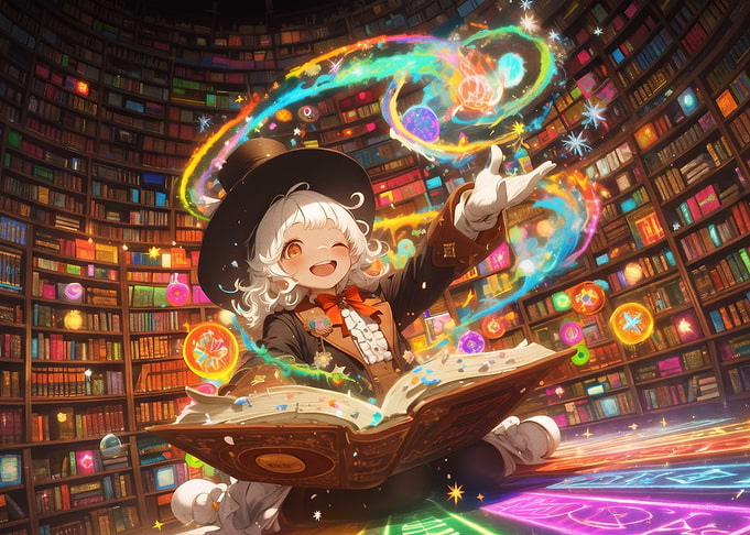 Magical Girl Casting Spells in Library