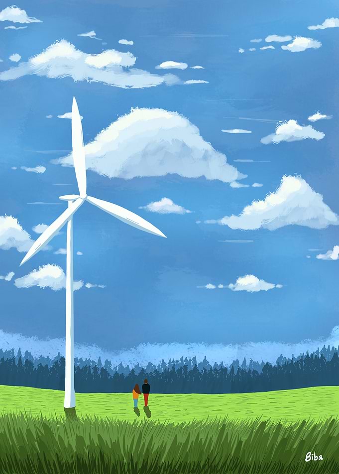 Windy Horizon | Minimalist Landscape with Wind Turbine