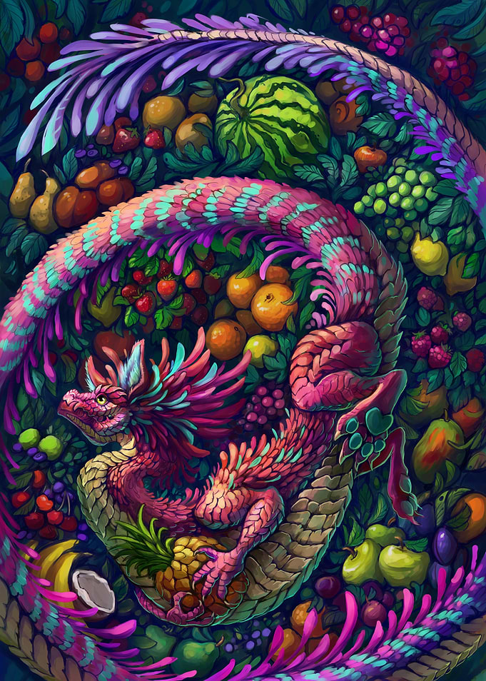 Colorful Dragon Coiled Among Tropical Fruits