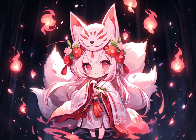 Chibi Kitsune Girl with Fox Mask