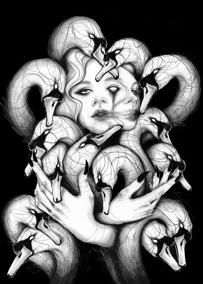 Surreal Woman Surrounded by Swans
