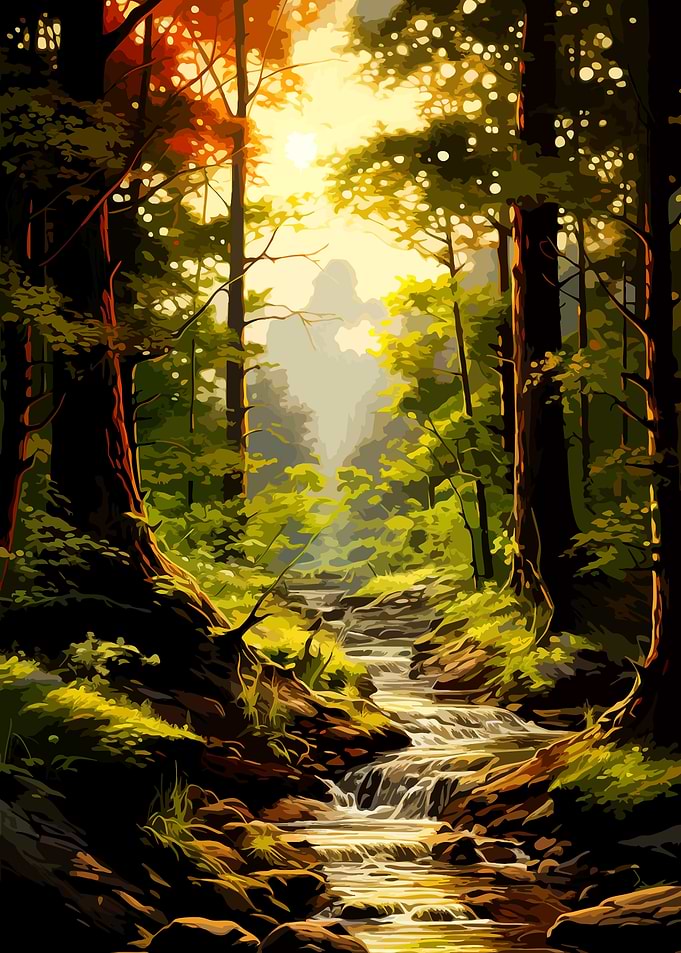 Sunlit Forest Stream Landscape