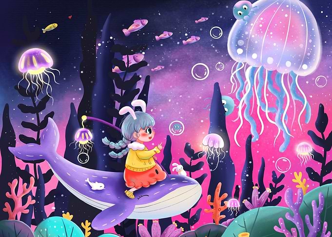 Girl Riding Whale in Magical Ocean